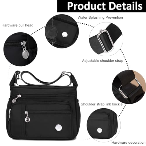 PALAY® Womens Crossbody Bag Nylon Waterproof Multipocket Sling Adjustable Shoulder Strap Black 25x21x10cm 3 PCS PALAY® Womens Crossbody Bag Nylon Waterproof Multipocket Sling Adjustable Shoulder Strap Black 25x21x10cm 3 PCS